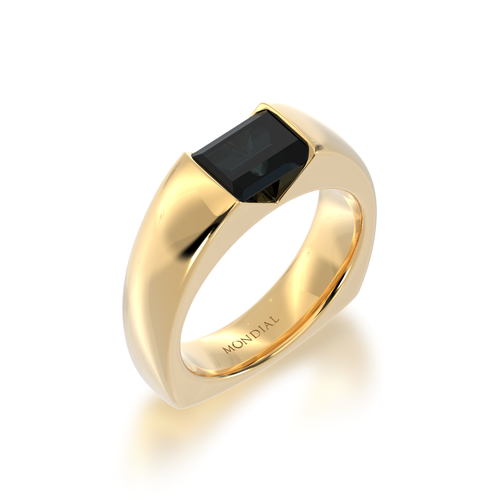 Baguette cut black sapphire in yellow gold 'embrace' design ring view from angle.