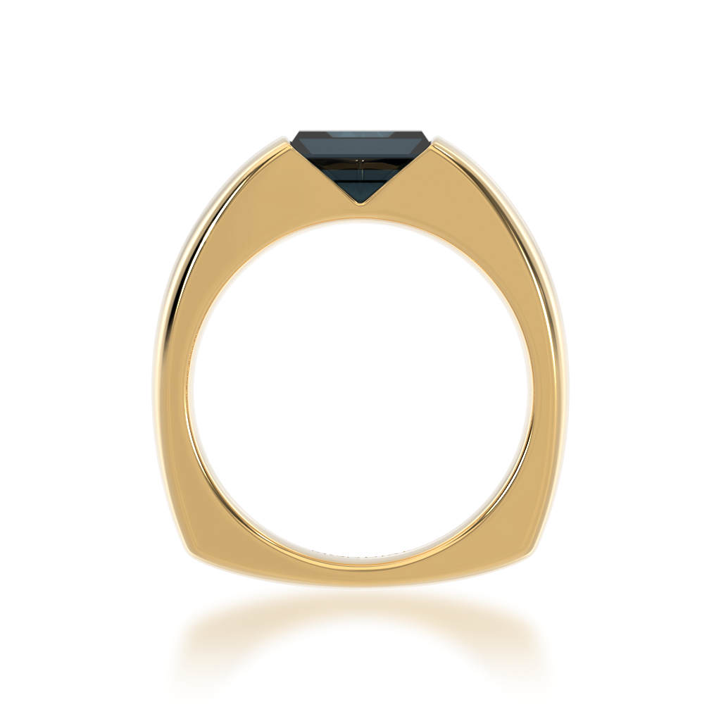Baguette cut black sapphire in yellow gold 'embrace' design ring view from front.