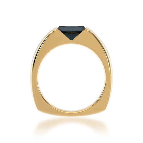 Baguette cut black sapphire in yellow gold 'embrace' design ring view from front.