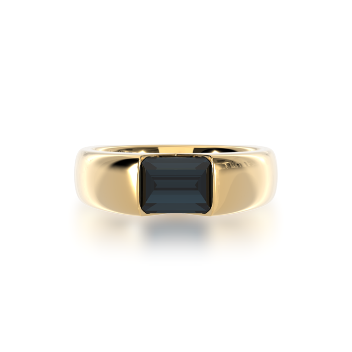 Baguette cut black sapphire in yellow gold 'embrace' design ring view from top
