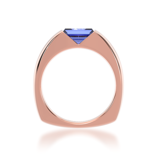 The Mondial by Nadia Embrace baguette cut blue sapphire engagement ring in rose gold view from front.