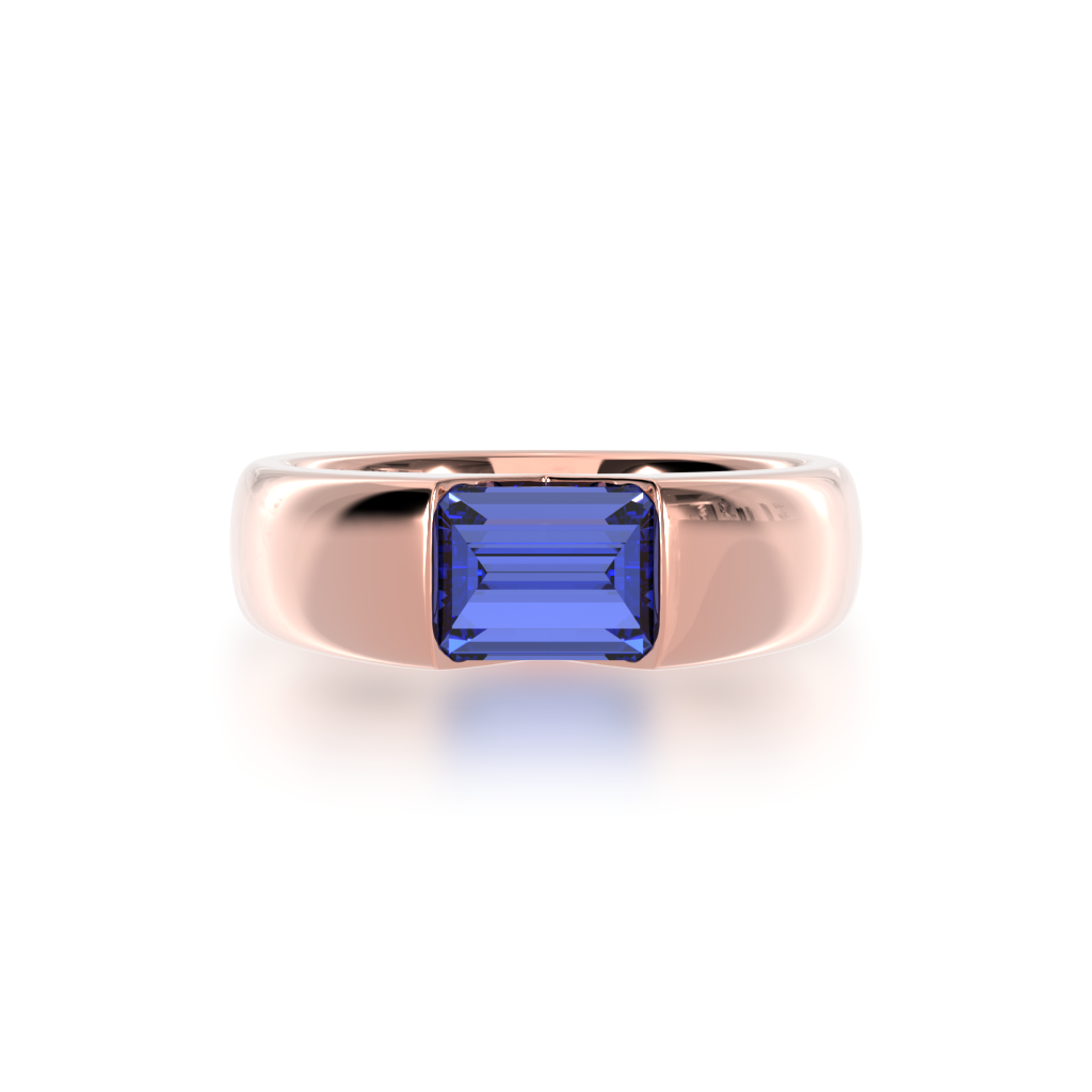 The Mondial by Nadia Embrace baguette cut blue sapphire engagement ring in rose gold view from top.