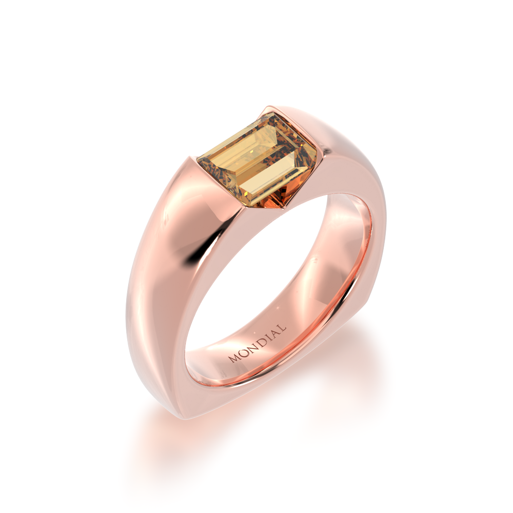 Baguette cut champagne diamond in rose gold 'embrace' design ring view from angle.