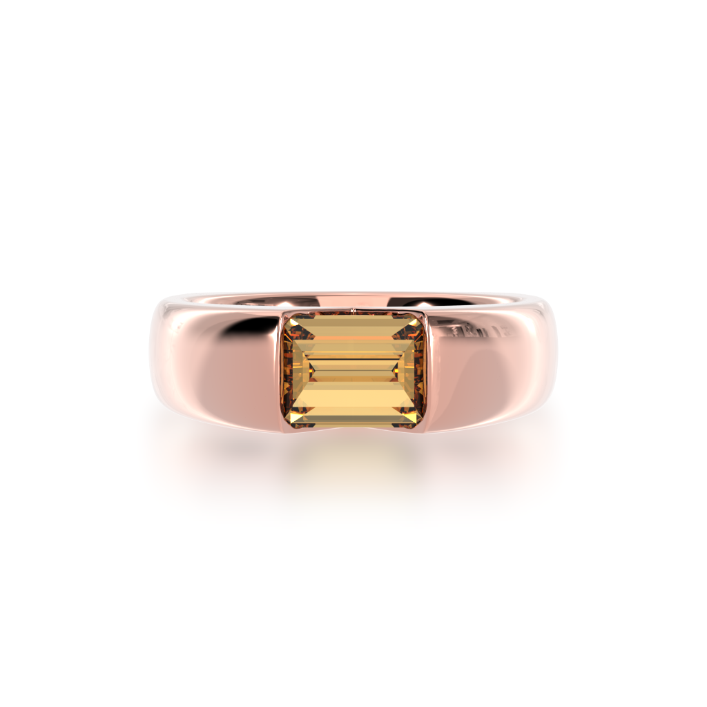 Baguette cut champagne diamond in rose gold 'embrace' design ring view from top.