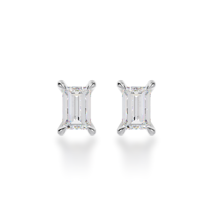 Claw set baguette cut diamond stud earrings view from front