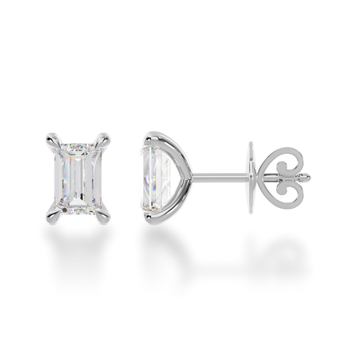 Claw set baguette cut diamond stud earrings view from side 