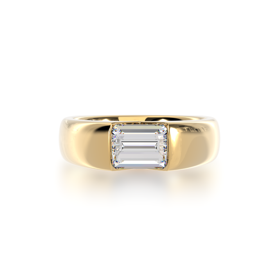 Baguette cut diamond in yellow gold 'embrace' design ring view from top.