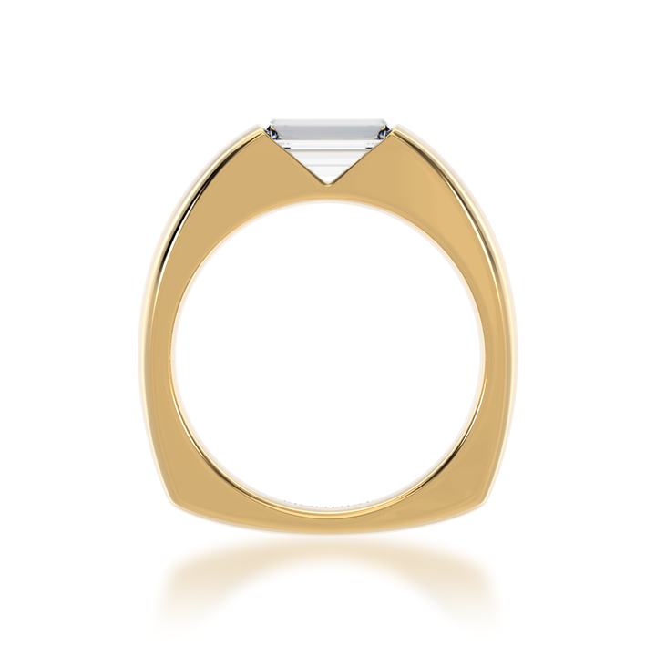 Baguette cut diamond in yellow gold 'embrace' design ring view from front.