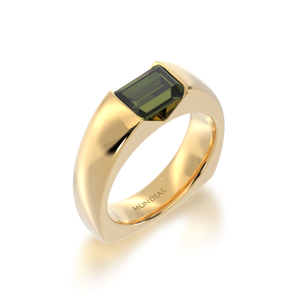 Baguette cut Green sapphire in yellow gold 'embrace' design ring view from angle.