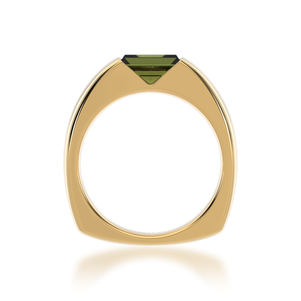 Baguette cut Green sapphire in yellow gold 'embrace' design ring view from front.