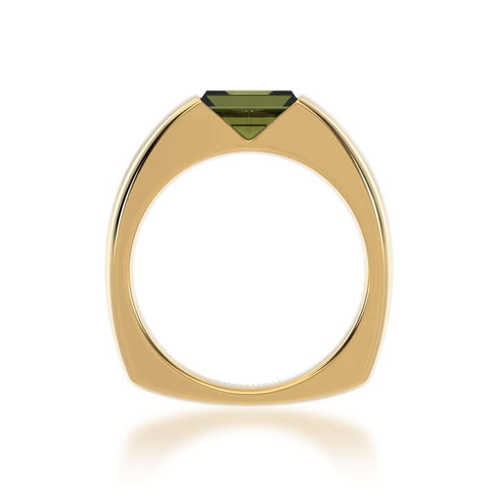Embrace ring set with baguette cut green sapphire in yellow gold view from front 