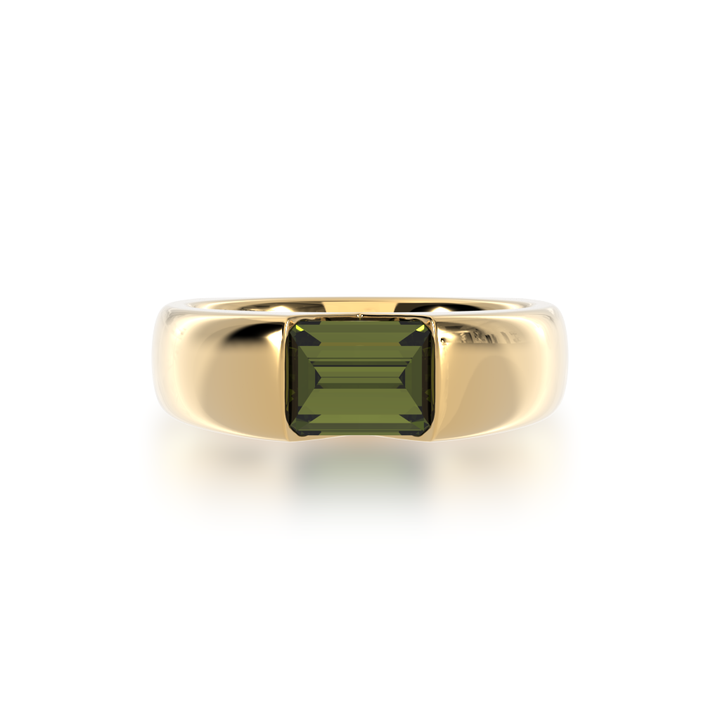 Baguette cut Green sapphire in yellow gold 'embrace' design ring view from top.