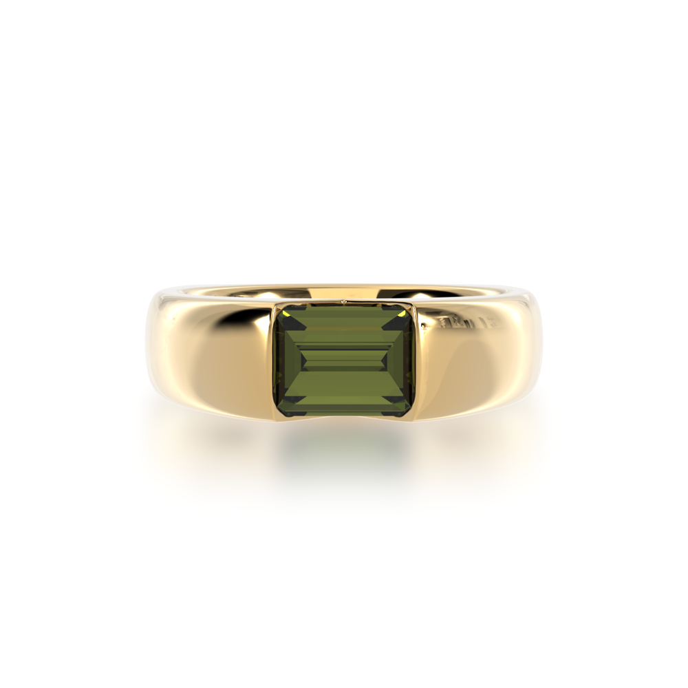 Embrace ring set with baguette cut green sapphire in yellow gold view from top