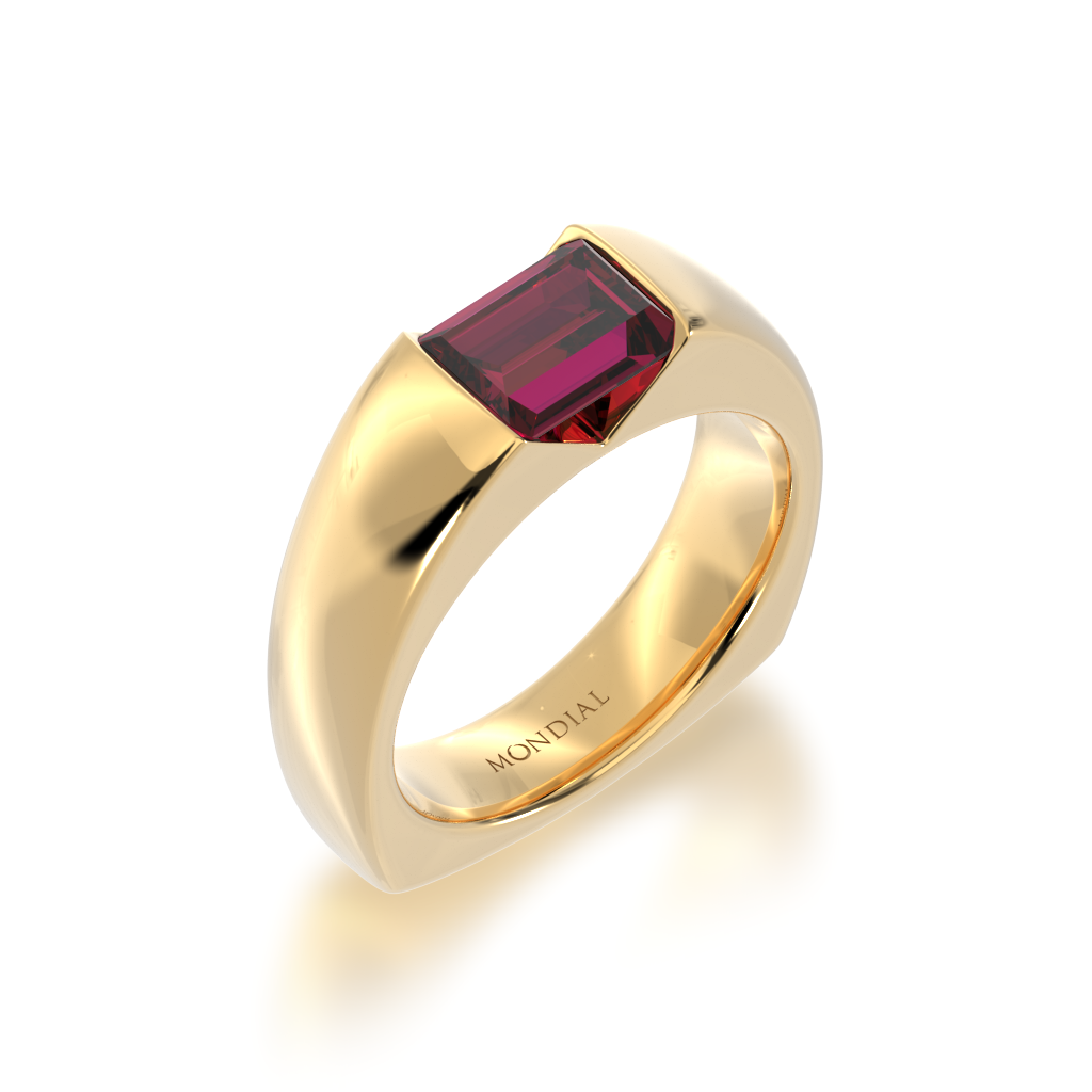 Embrace ring set with baguette cut ruby in yellow gold view from angle