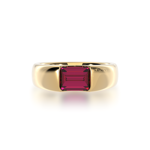 Embrace ring set with baguette cut ruby in yellow gold view from top