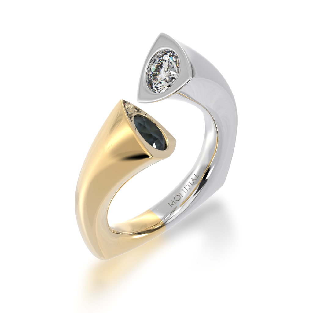 Devotion design round brilliant cut black sapphire and diamond ring in yellow and white gold view from angle