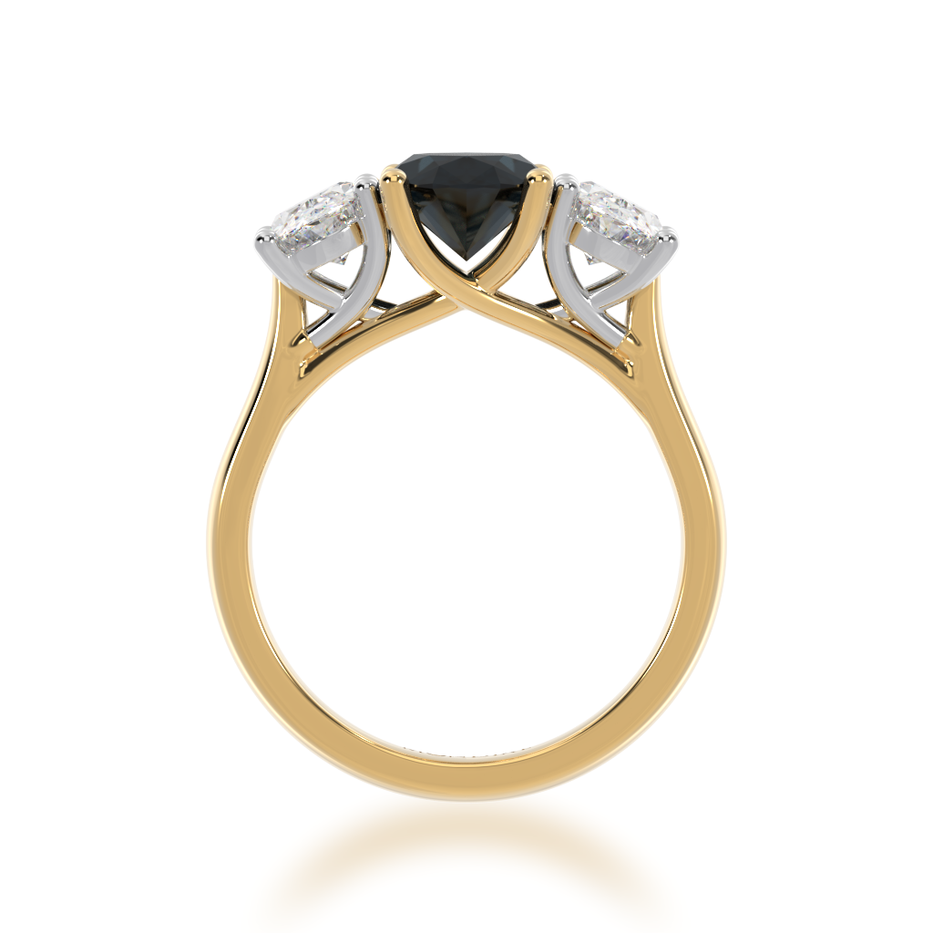 Trilogy oval cut black sapphire and diamond ring on yellow gold band view from front