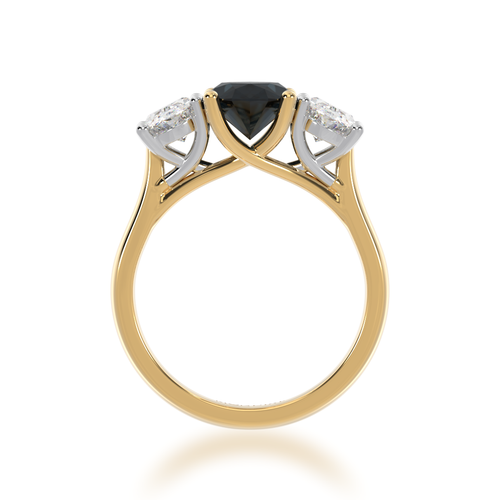 Trilogy oval cut black sapphire and diamond ring on yellow gold band view from front