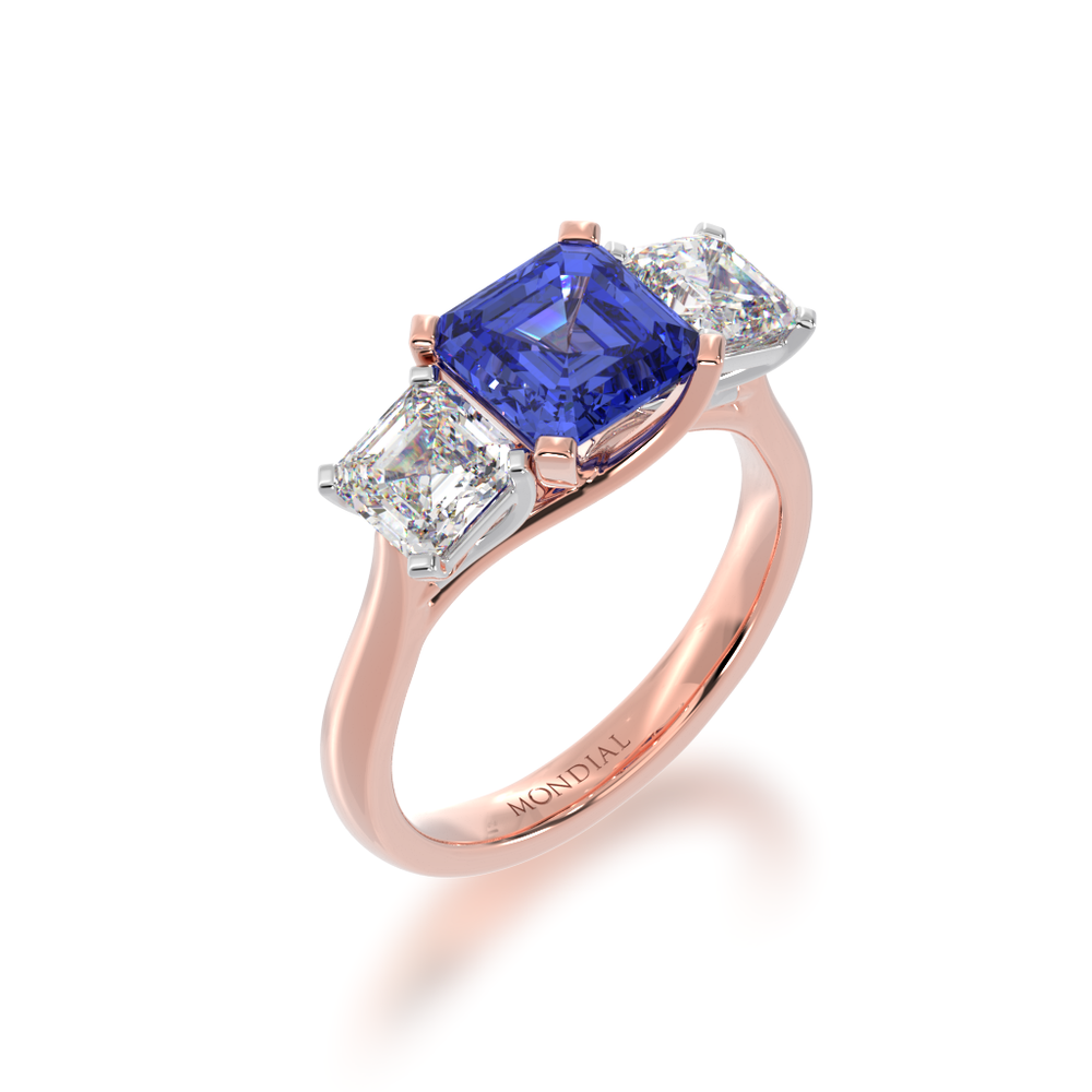 Trilogy asscher cut blue sapphire and diamond ring on rose gold band view from angle 