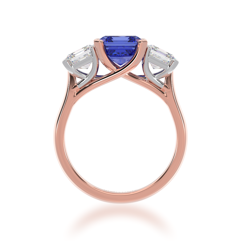 Trilogy asscher cut blue sapphire and diamond ring on rose gold band view from front 