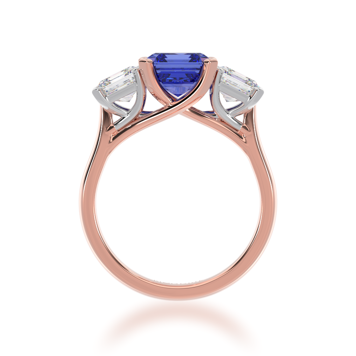 Trilogy asscher cut blue sapphire and diamond ring on rose gold band view from front 