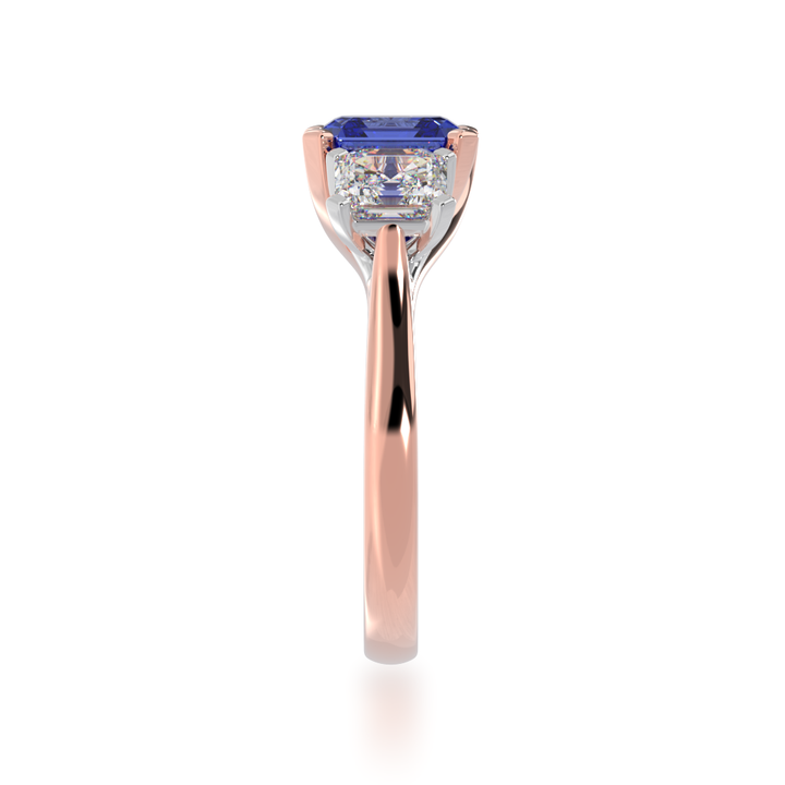 Trilogy asscher cut blue sapphire and diamond ring on rose gold band view from side 