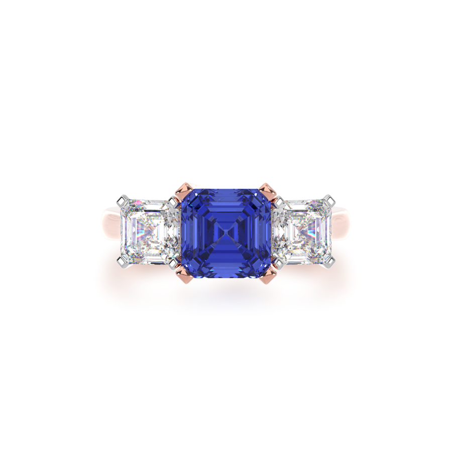 Trilogy asscher cut blue sapphire and diamond ring on rose gold band view from top