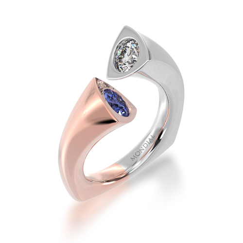 The Mondial by Nadia Devotion design round brilliant cut blue sapphire engagement ring with diamonds in rose and white gold view from angle.