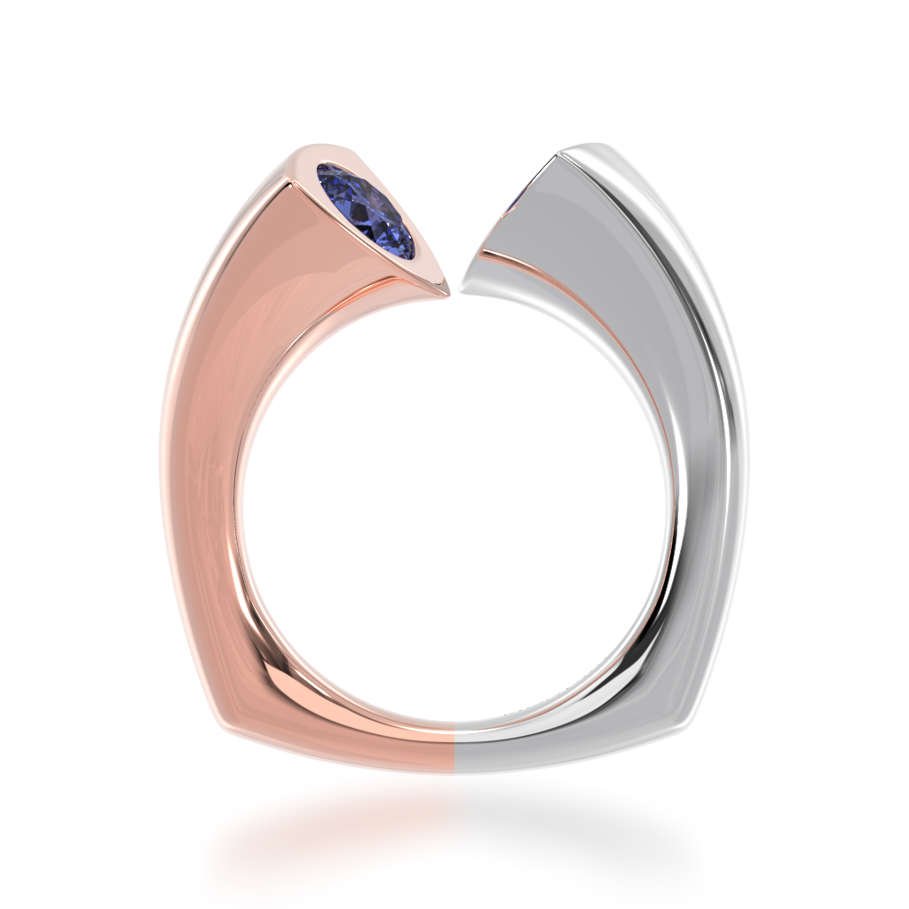 Devotion design round brilliant cut blue sapphire and diamond ring in rose and white gold view from front