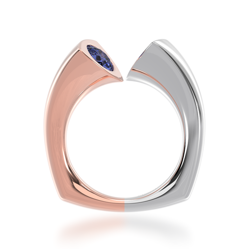 The Mondial by Nadia Devotion design round brilliant cut blue sapphire engagement ring with diamonds in rose and white gold view from front.