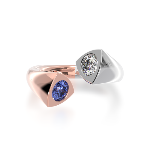 The Mondial by Nadia Devotion design round brilliant cut blue sapphire engagement ring with diamonds in rose and white gold view from top.