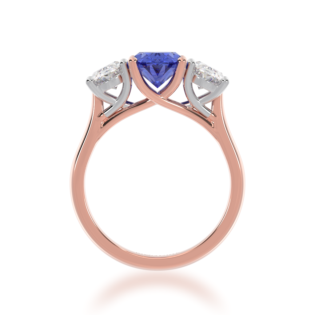 Trilogy oval cut blue sapphire and diamond ring on rose gold band view from front 