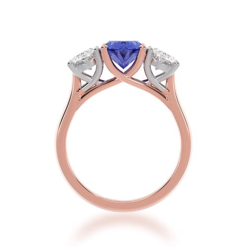 The Mondial by Nadia Trilogy oval cut blue sapphire engagement ring with diamonds on rose gold band view from front.