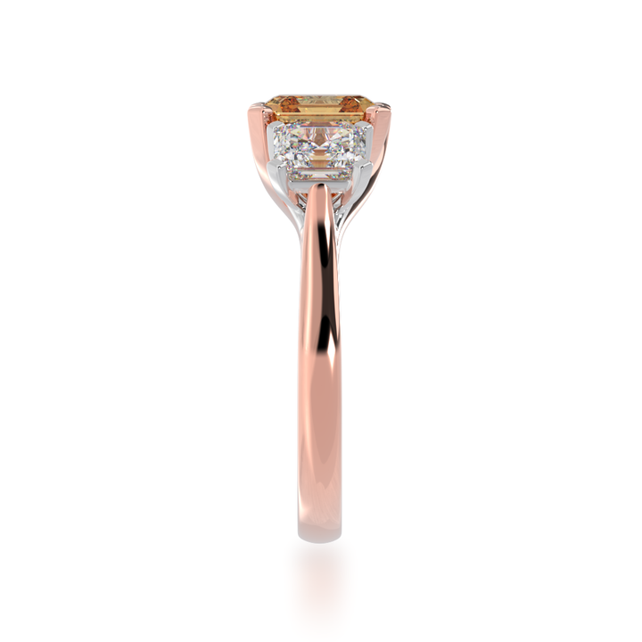 Trilogy asscher cut champagne and diamond ring on rose gold band view from side 
