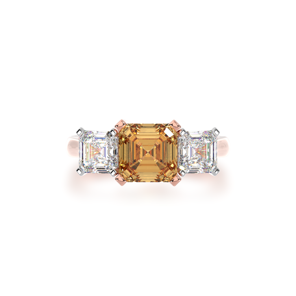 Trilogy asscher cut champagne and diamond ring on rose gold band view from top
