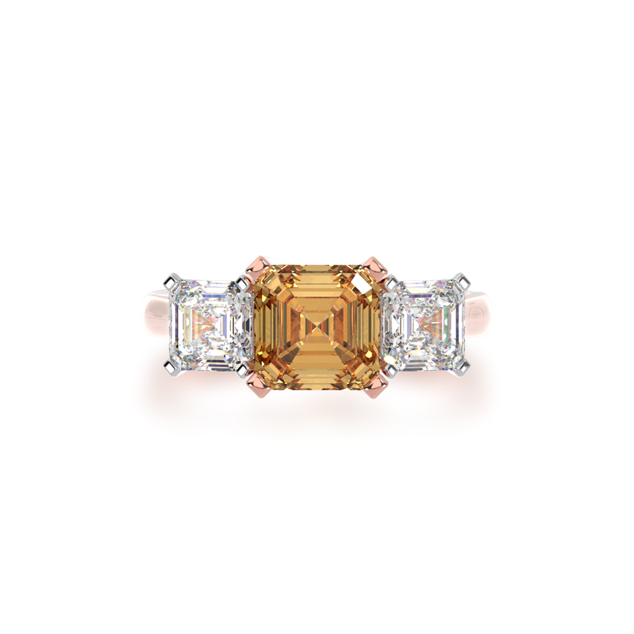 Trilogy asscher cut champagne and diamond ring on rose gold band view from top