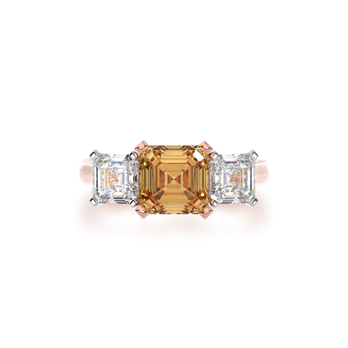 Trilogy asscher cut champagne and diamond ring on rose gold band view from top