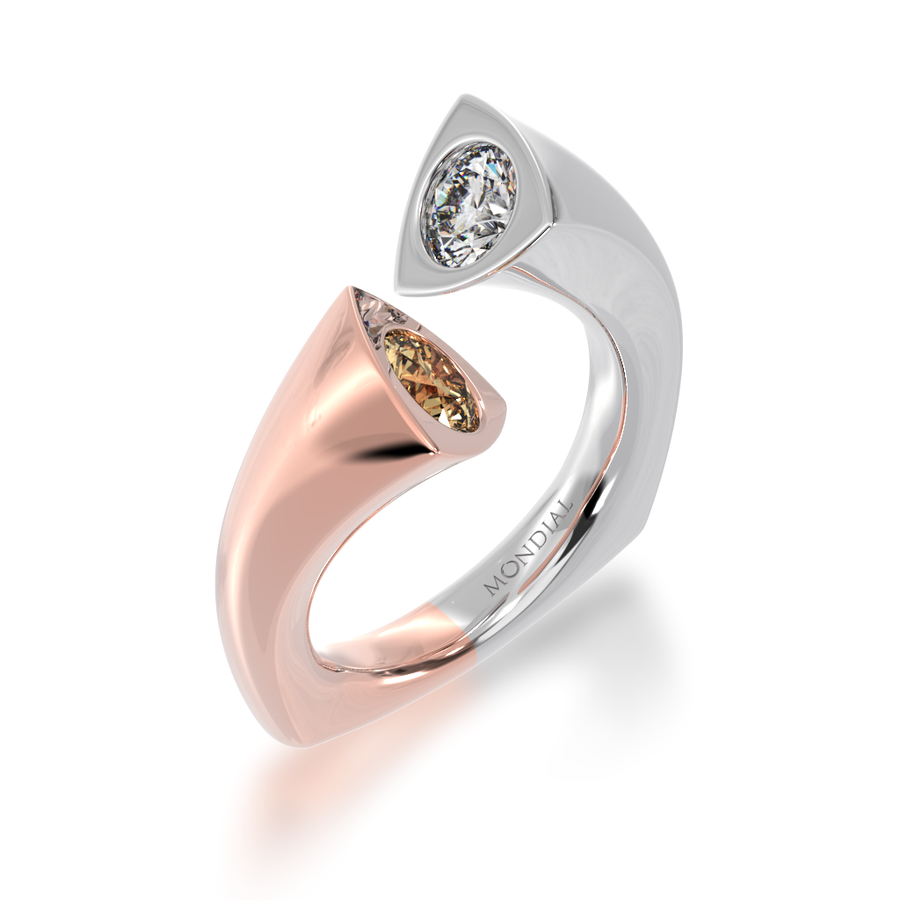 Devotion design round brilliant cut champagne and diamond ring in rose and white gold view from angle