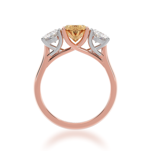 Trilogy champagne and oval diamond ring on rose gold band view from front.