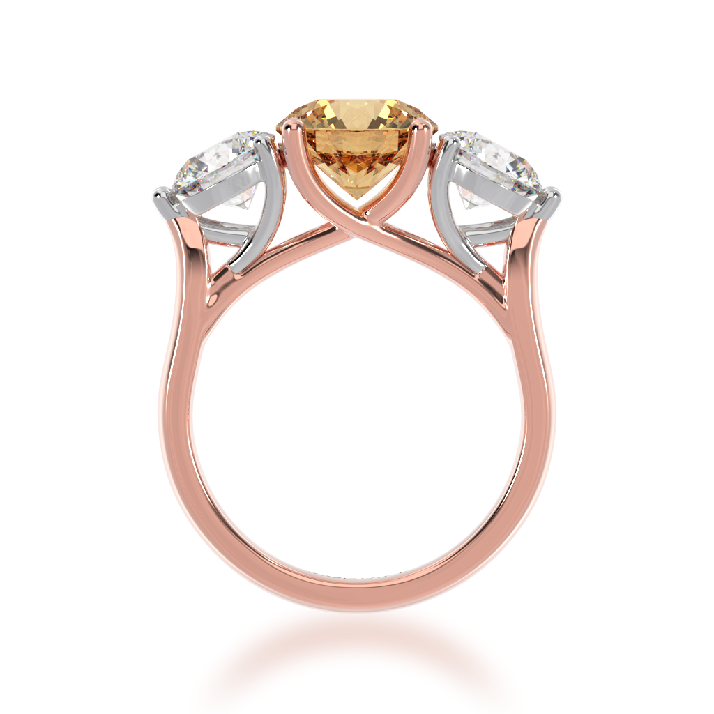 Trilogy round brilliant cut champagne and diamond ring on rose gold band view from front 