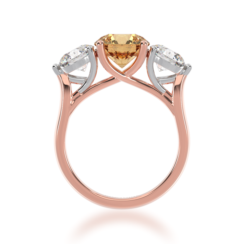 Trilogy round brilliant cut champagne and diamond ring on rose gold band view from front 