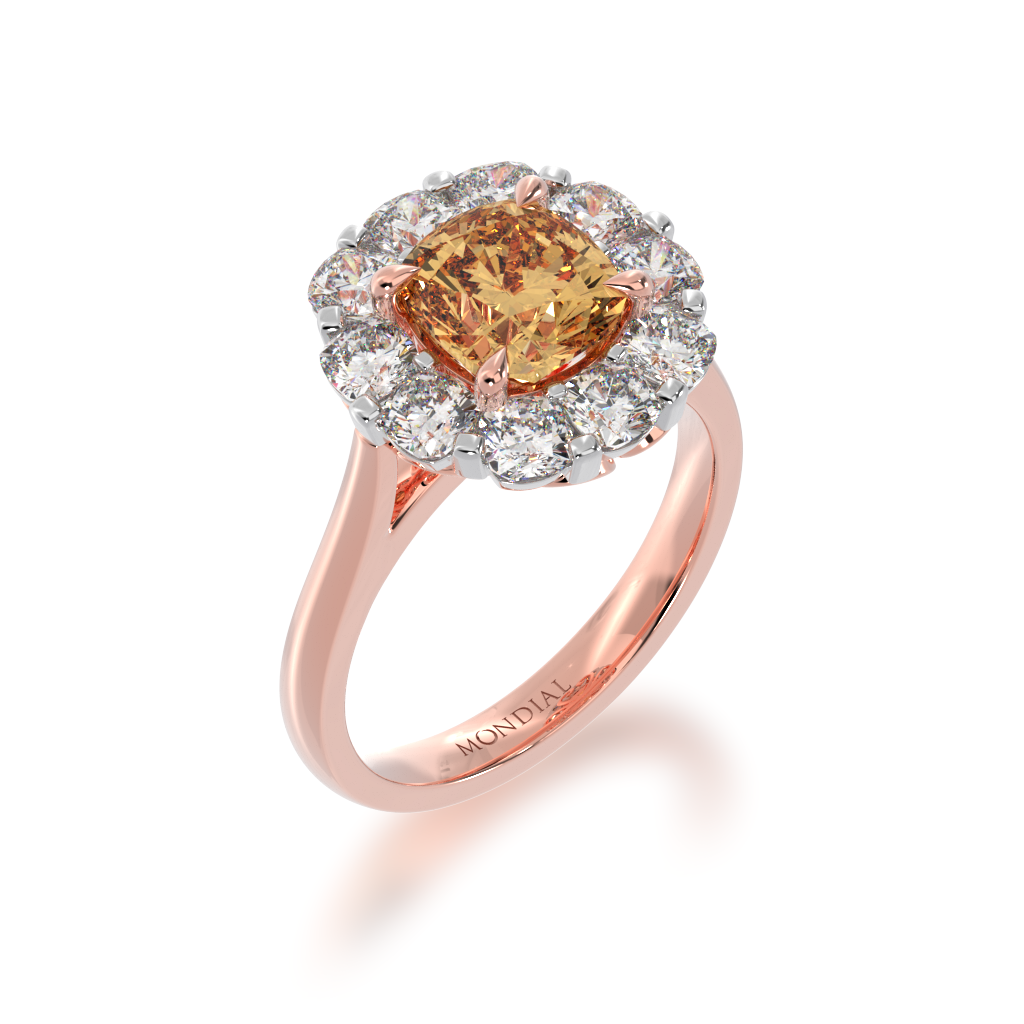 Cushion cut champagne diamond cluster ring on rose gold band view from angle 