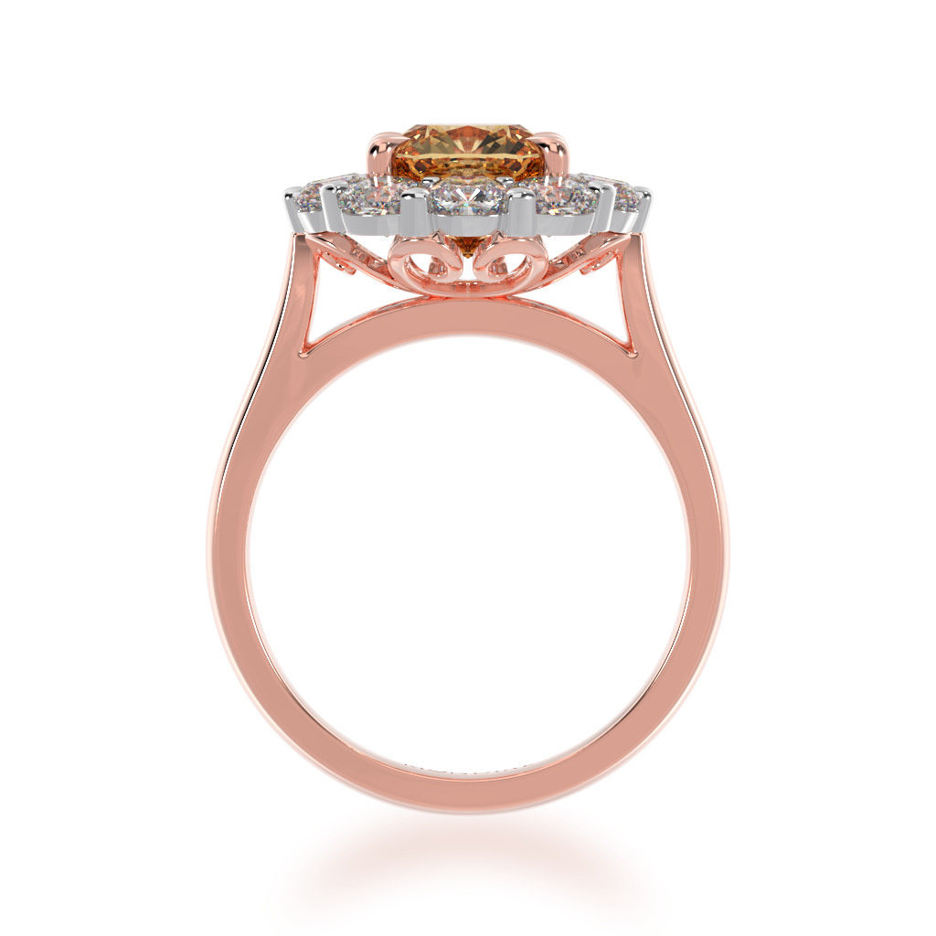 Cushion cut champagne diamond cluster ring on rose gold band view from front