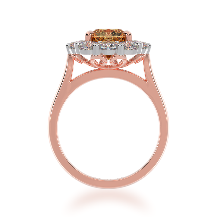 Cushion cut champagne diamond cluster ring on rose gold band view from front