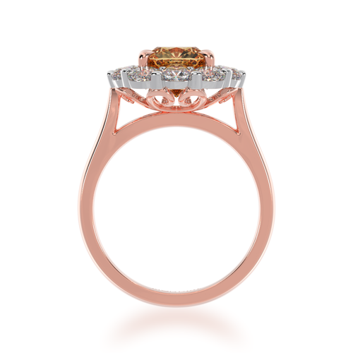 Cushion cut champagne diamond cluster ring on rose gold band view from front