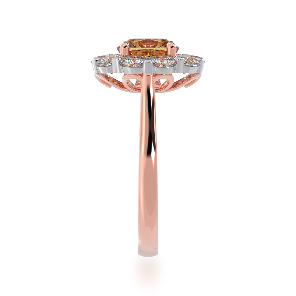 Cushion cut champagne diamond cluster ring on rose gold band view from side