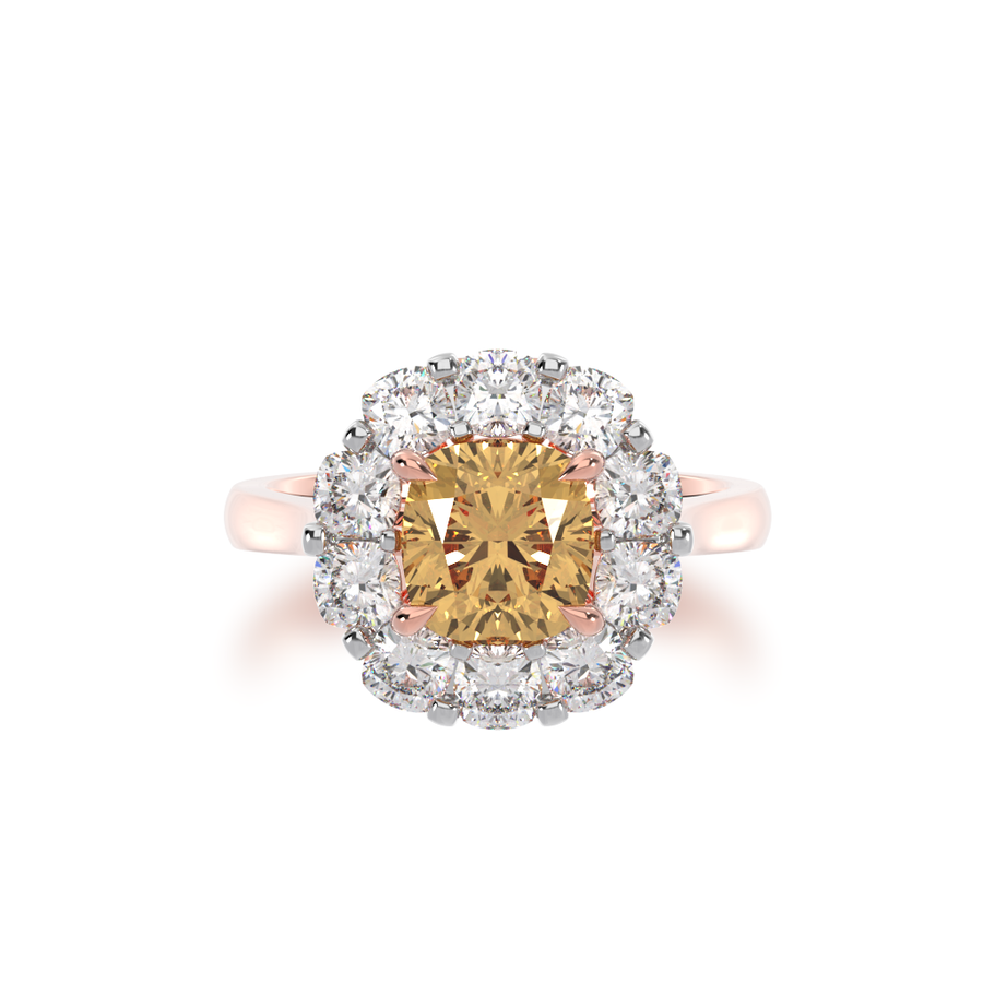 Cushion cut champagne diamond cluster ring on rose gold band view from top