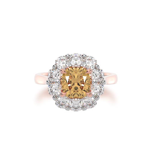 Cushion cut champagne diamond cluster ring on rose gold band view from top