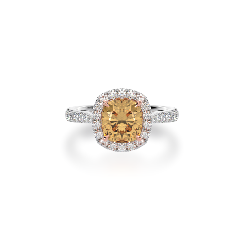 Cushion cut champagne diamond halo ring with diamond set band view from top