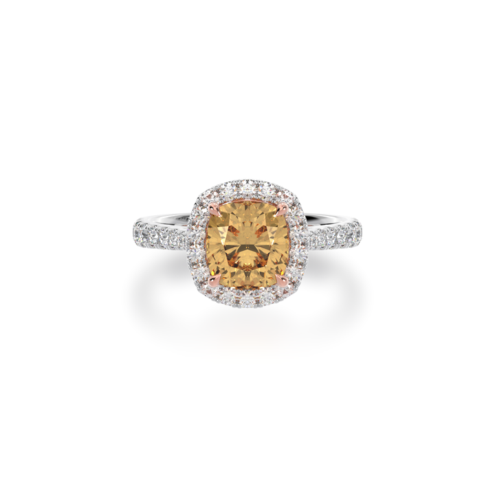 Cushion cut champagne diamond halo ring with diamond set band view from top